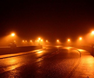 Foggy night on the bridge at Inverbervie, by Alan Thomson.